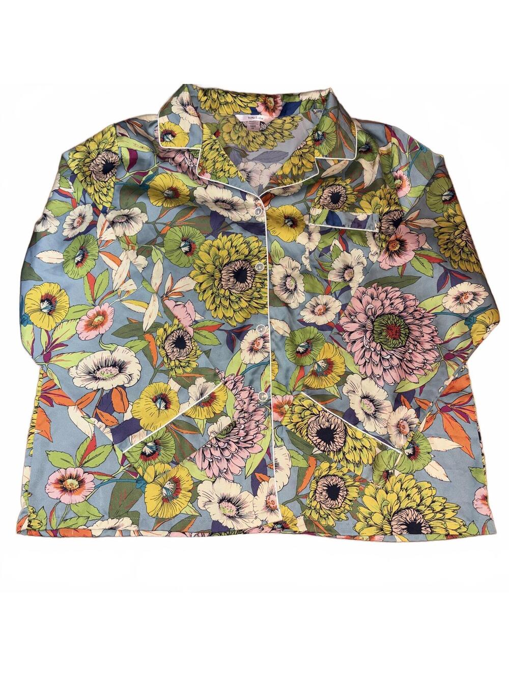 Yini Lulu Pajama Shirt Floral Print Long Sleeve Button-Up Medium Blue Luxury